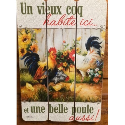 Art mural/ Plaque de Bois Un vieux coq,  Une belle poule"24x36X1.8 cm 