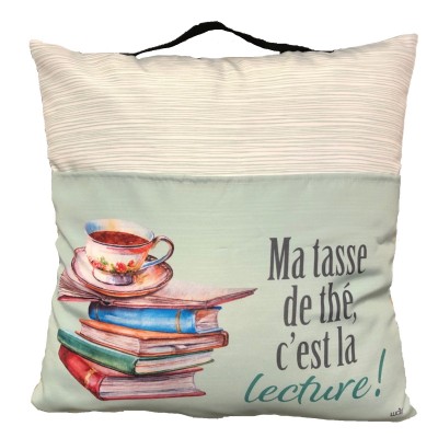 Pillow / Reading Pillow with Book Pocket And Handle/ Ma tasse de thé-